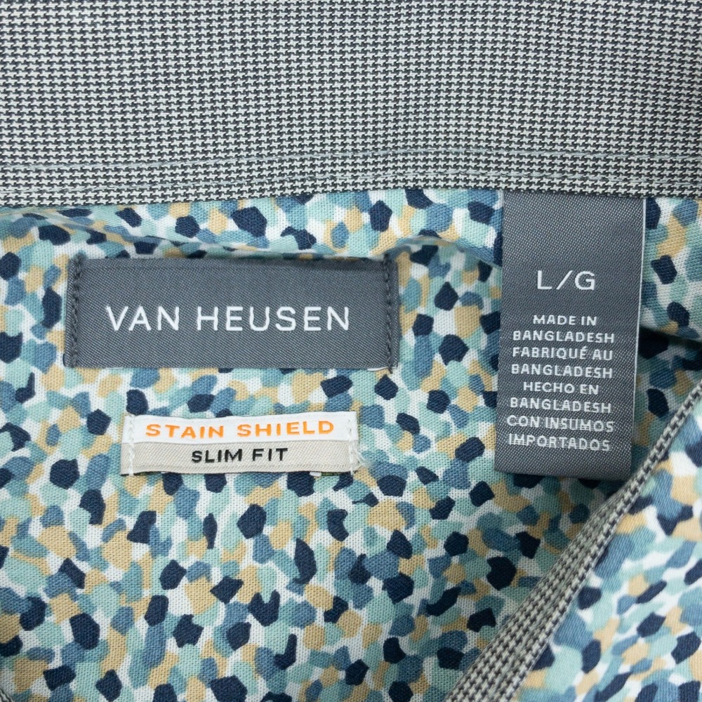 Van Heusen Button Up Mens Large Blue Stain Shield Slim Fit Short Sleeve Shirt - Picture 3 of 13
